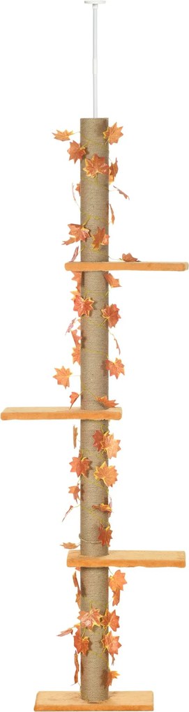 Pawhut padlótól a mennyezetig érő macska torony 202-242 cm 3 platformmal, kenderoszlopokkal, állítható magassággal és narancssárga juharlevél díszítés