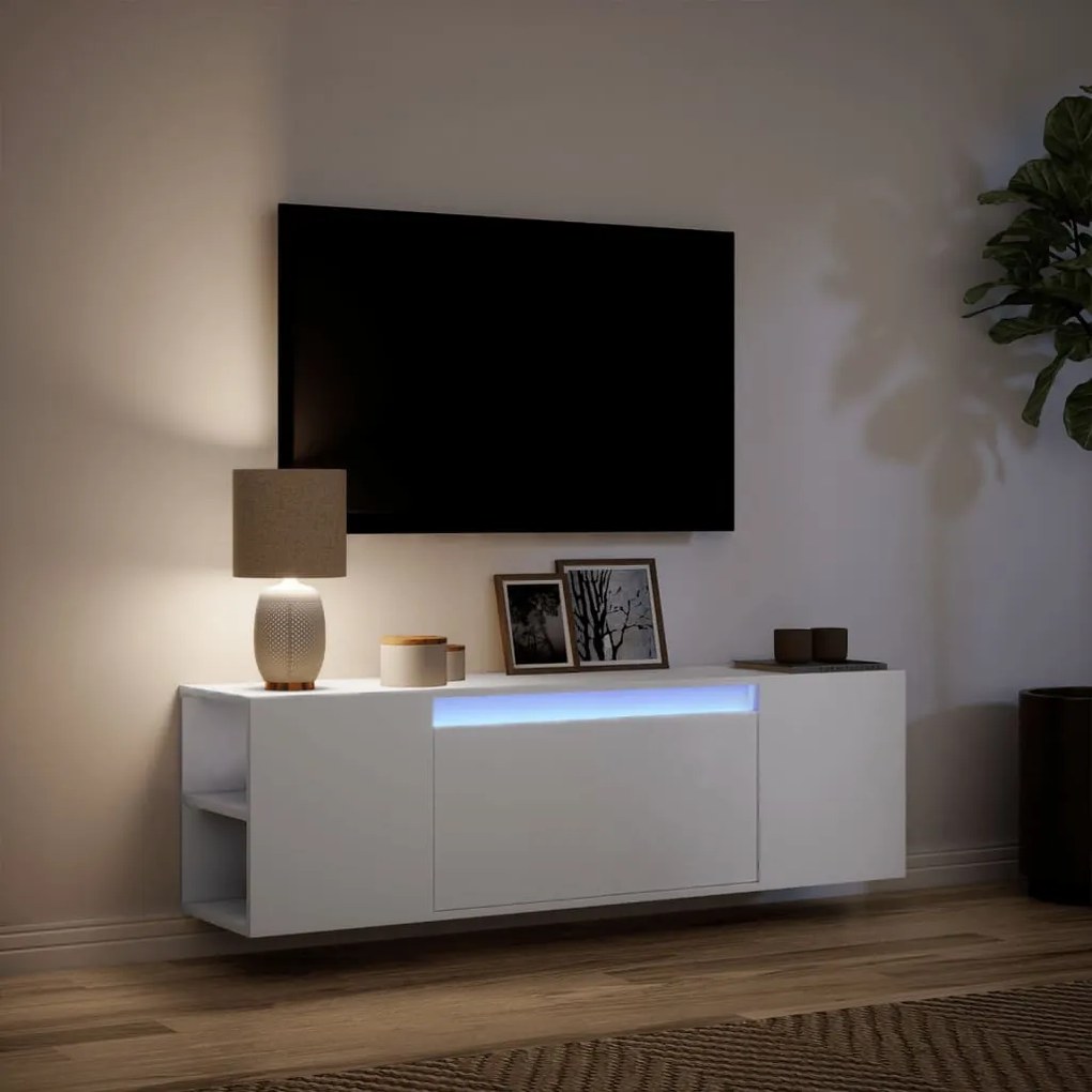 fehér falra szerelhető TV-szekrény LED-lámpákkal 135x31x39,5 cm