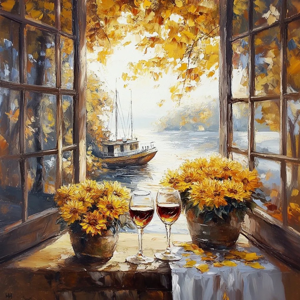 Canvas Vászonkép Ablak Ősz Hajó Bor Virágok Krizantém 80x80