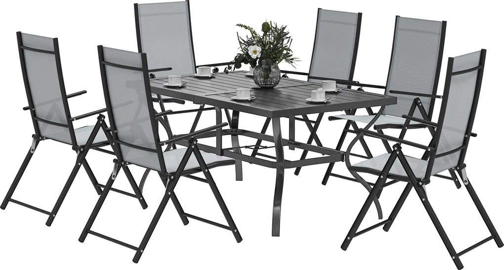 Outsunny 7 darabos kertasztal és szék szett, étkezőasztal ernyőnyílással és 6 magas hátraszokott összecsukható kültéri székkel, acél téglalap alakú ke