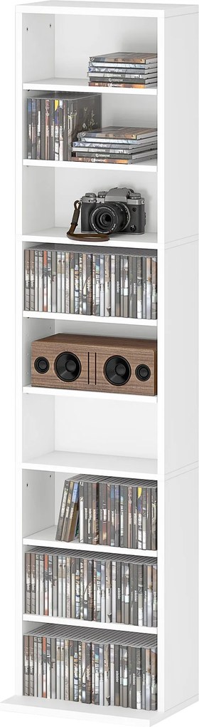 HOMCOM CD és DVD Polc CD Tartók Szűk 9 Rekesszel Állítható Polcokkal Nappalihoz Irodához 33x24x140 cm Fehér | Aosom
