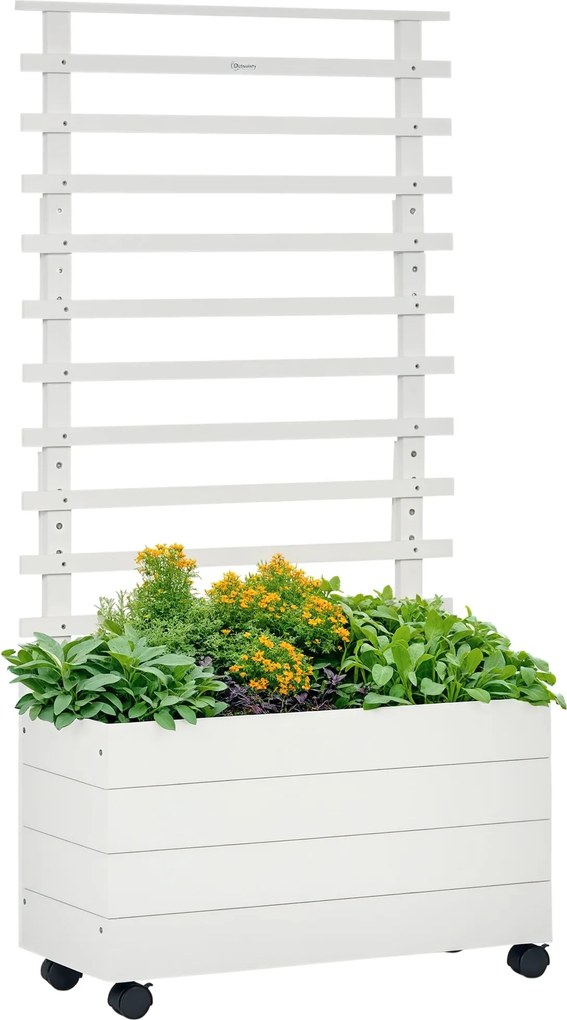 Outsunny Virágágyás Trellisszel, Kerekekkel Ellátott Virágoskert, Emelt Ágyás Mászó Növényeknek, Kert, Természetes Fa, Fehér, 76 x 30 x 155 cm | Aosom