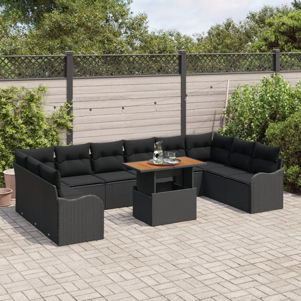 11 darabos kerti kanapé szett párnákkal fekete poly rattan, 2 fős kerti kanapé tárolóval és párnákkal fekete poly rattan