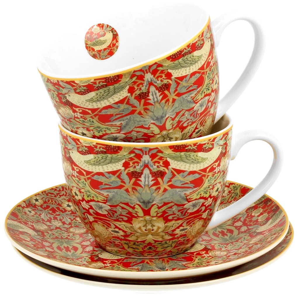 William Morris porcelán teás csésze 2 személyes díszdobozban Strawberry Thief Red