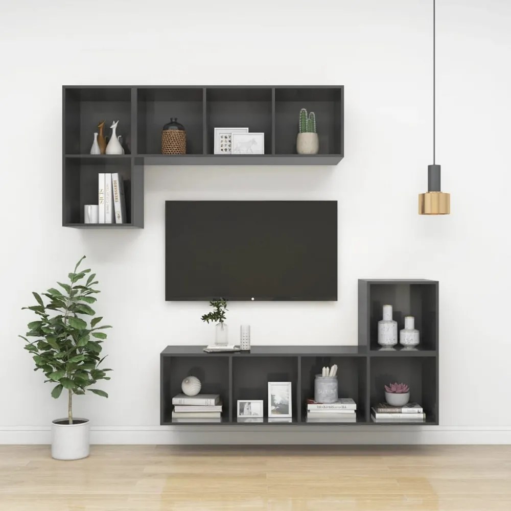 magasfényű szürke szerelt fa fali TV-szekrény 37x37x142,5 cm