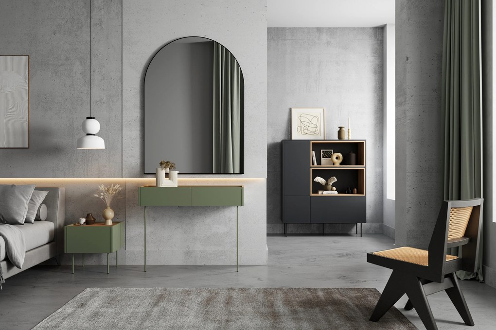 Desin magas komód 120 cm kétajtós fiókkal és nyitott polcokkal - fekete matt / nagano tölgy