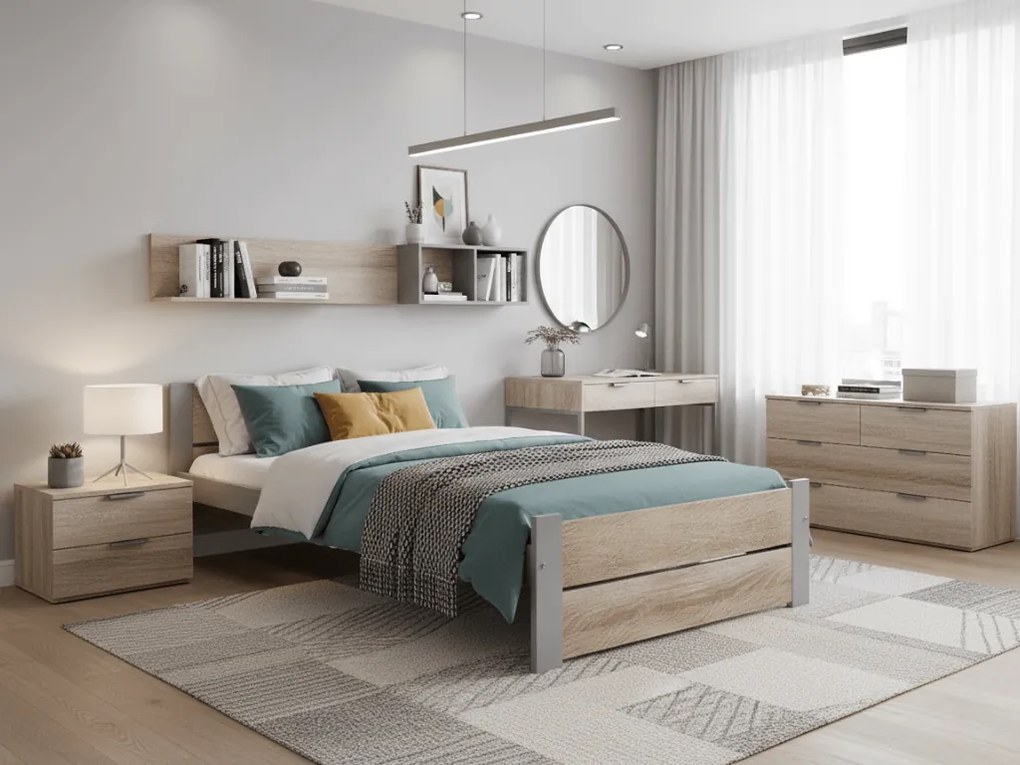 Ágy IKAROS DOUBLE 90 x 200 cm, sonoma tölgy/szürke Ágyrács: Léces ágyrács, Matrac: Coco Maxi 20 cm matrac