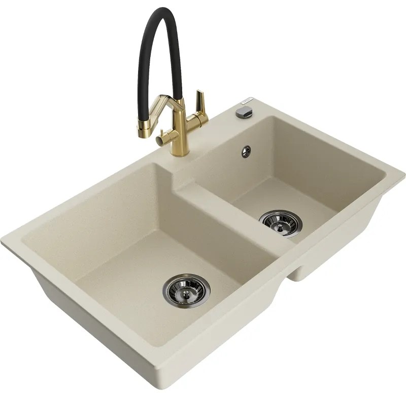 Mexen Tomas kétkamrás gránit mosogató konyhai csapteleppel Duo, bézs - 6516-69-671701-57-B