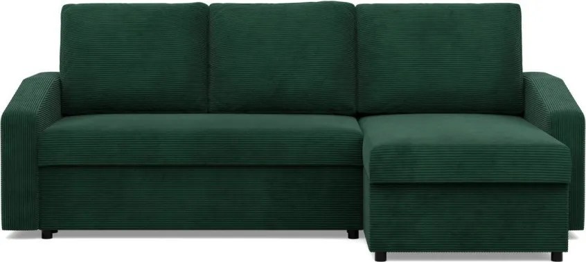 Zeus sarokkanapé, 2 ágyneműtartóval, döntött kartámasz, kordbársony, univerzális oldal, bonell töltet, zöld