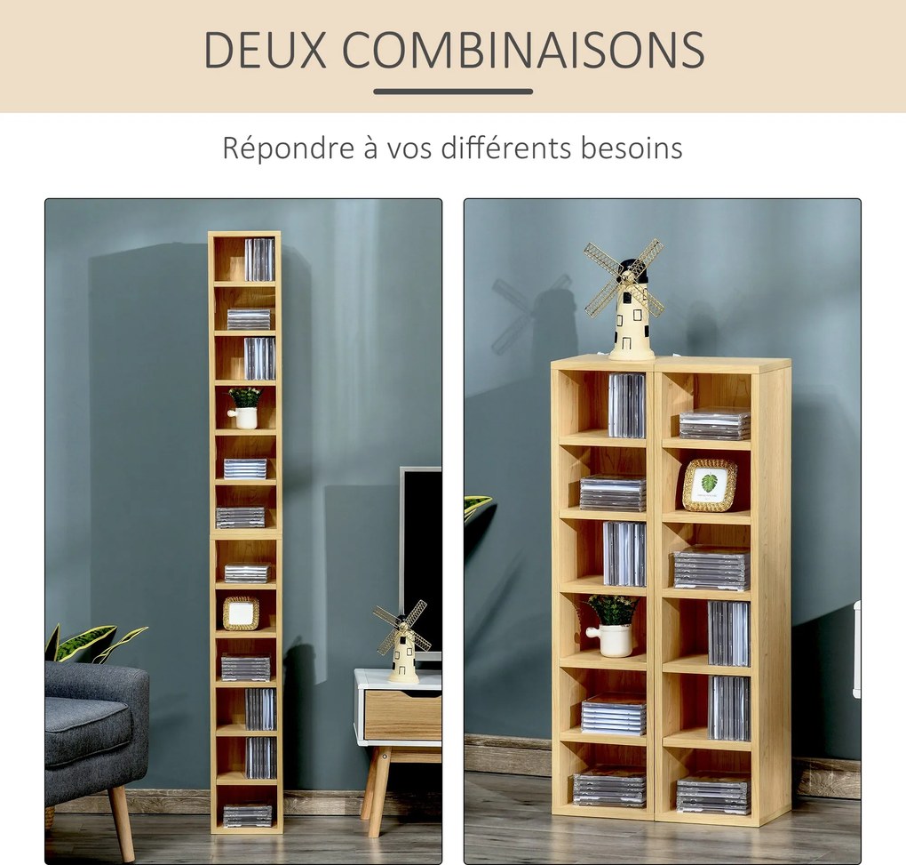 HOMCOM 2 db-os Oszlop Polc CD-DVD Tárolószekrény 6 + 6 Rekesz, mérete 21L x 19W x 88H cm, Maximális Kapacitás 160 CD, Bézs Szín | Aosom