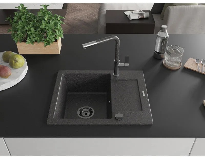 Mexen Enzo, 1 kamrás gránit mosogató 576x465x174 mm és Flora mosogató csaptelep, fekete foltos, 6506-76-670401-08-B