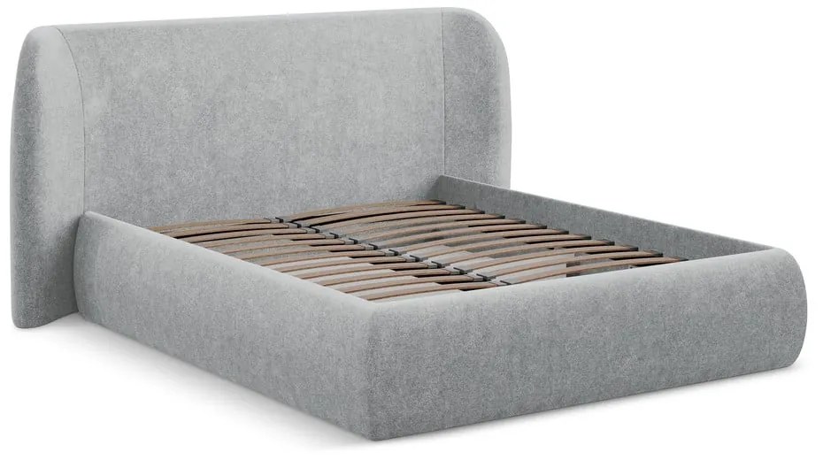 Világosszürke kárpitozott ágyneműtartós franciaágy ágyráccsal 140x200 cm Hauke – Makamii