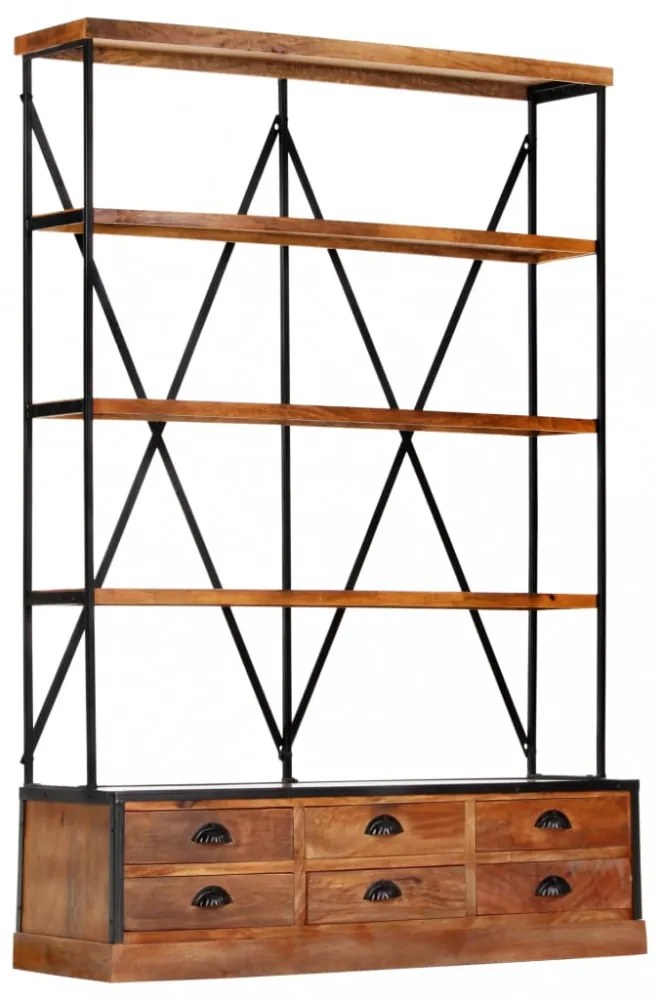 4-szintes tömör mangófa könyvespolc 6 fiókkal 122 x 36 x 181 cm