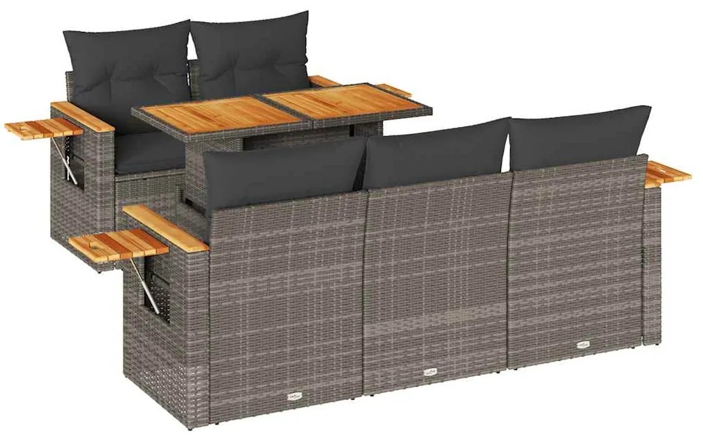 6 részes szürke polyrattan akácfa kerti ülőgarnitúra párnákkal