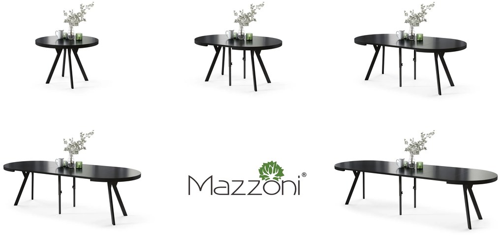 Mazzoni EXPANSO Fekete Matt/fekete lábak - LOFT/IPARI STÍLUSÚ 310 cm-re BŐVÍTHETŐ NAGY KEREK ASZTAL Ø110 Y LÁBAKKAL