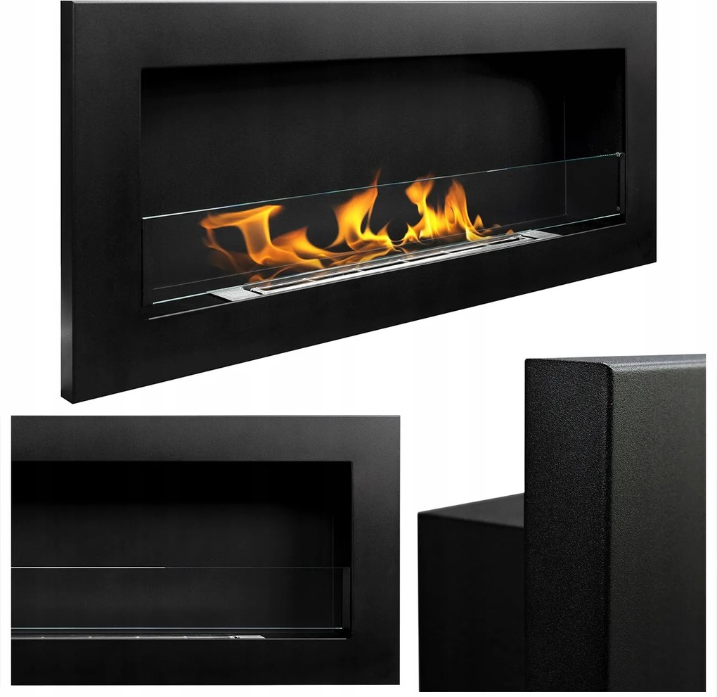 Függő Biokandalló Üveggel 900X400 Slim Fekete Strukturált Matt