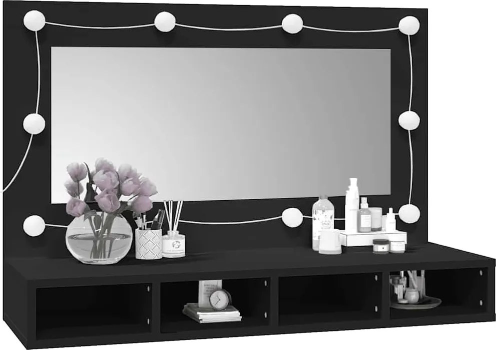 Fekete tükrös szekrény LED-ekkel 90x31,5x62 cm