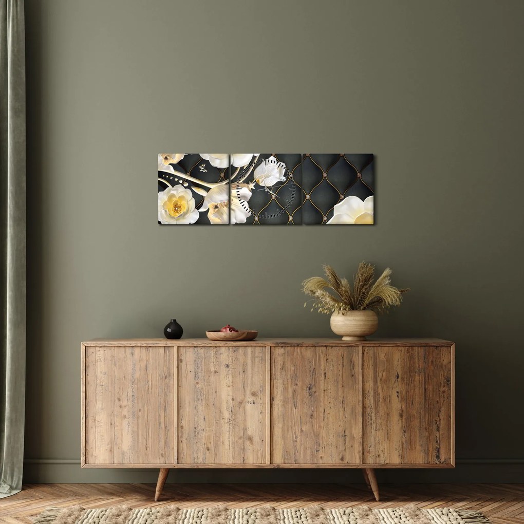 Fehér rózsa virágok képe (órával) (90x30 cm)