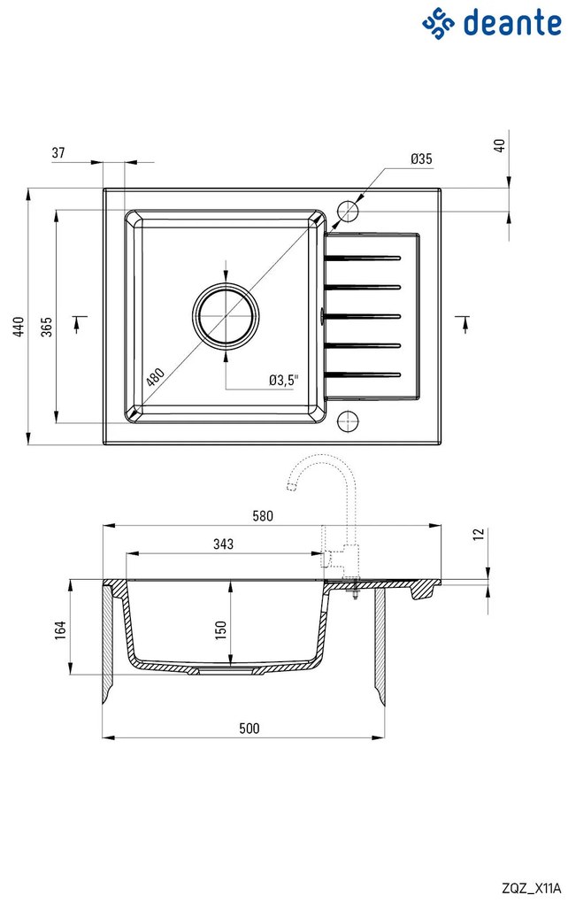 Deante Zorba, gránit mosogató 580x440x164 mm Z / KO, 3,5 "+ helytakarékos szifon, 1 kamrás, antracit metál, ZQZ_T11A