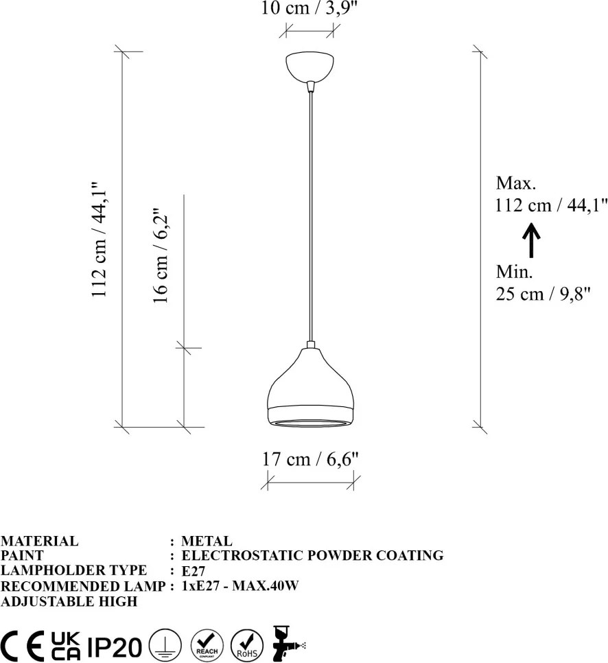 Yildo M-6870 fehér fém függőlámpa, Ø17 cm