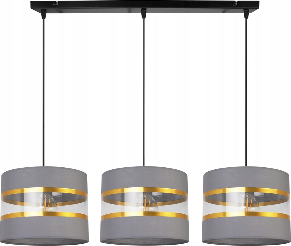 Mennyezeti Függőlámpa Hármas Csillár Glamour Arany Csíkos Lámpabúra Szürke