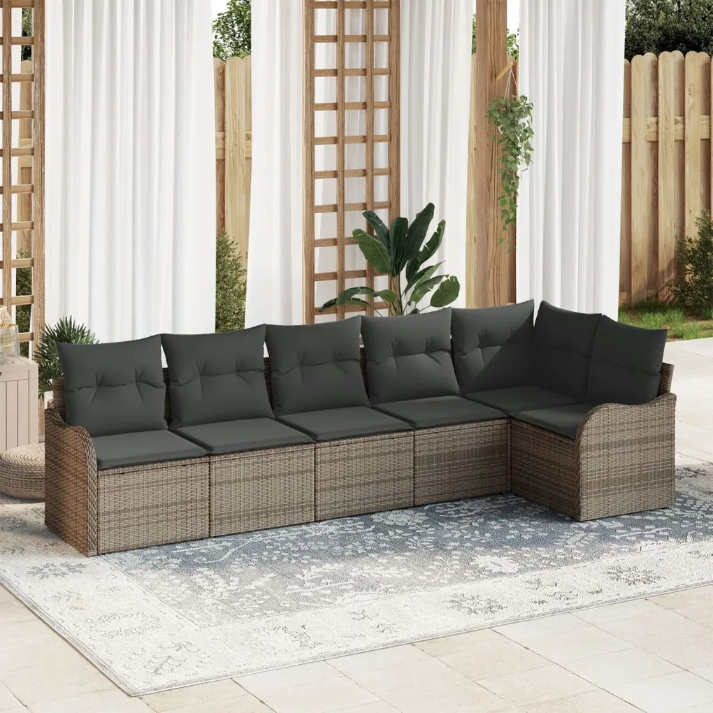 6 részes kerti kanapé szett párnákkal szürke poly rattan, 2 üléses kerti kanapé tárolóval és párnákkal szürke poly rattan