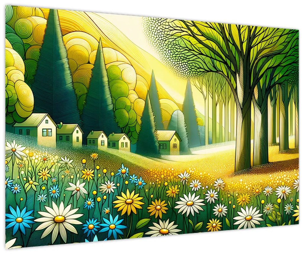 Kép - Falu sárga-zöld színekben (90x60 cm)