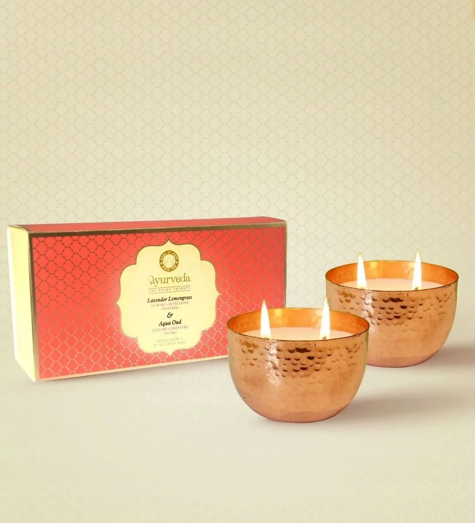 2 db-os illatgyertya szett réz tégelyben (Tridosha) Levendula &amp; Tra