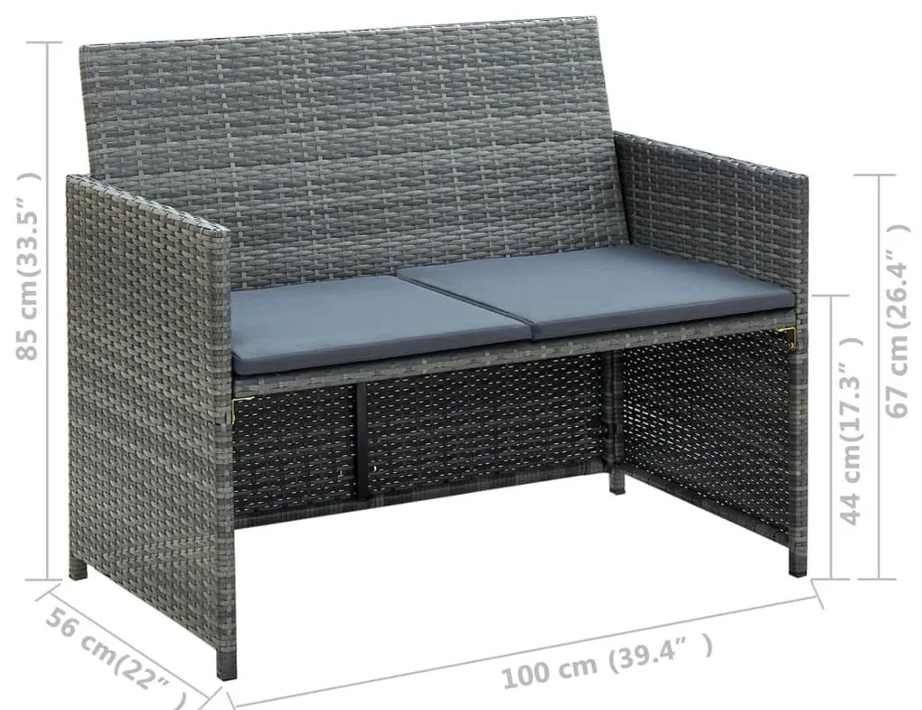 Szürke kétszemélyes polyrattan kerti kanapé párnákkal