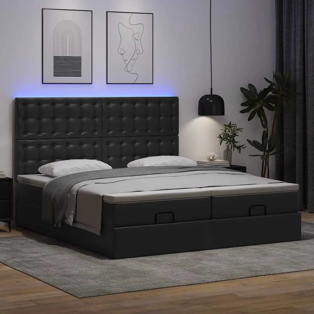 fekete műbőr ottomán ágy matracokkal & LED-ek 180x200cm