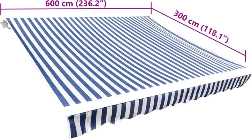 Kék/fehér vászon napellenző tető 6 x 3 m (a váz nem tartozék)