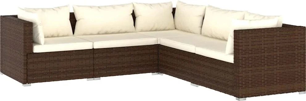 vidaXL 5 részes barna polyrattan kerti bútorszett párnákkal