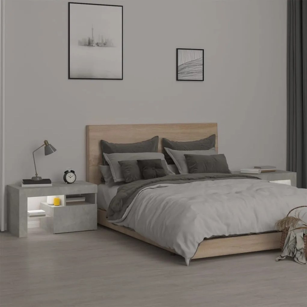 2 db betonszürke LED-lámpás éjjeliszekrény 70x36,5x40 cm