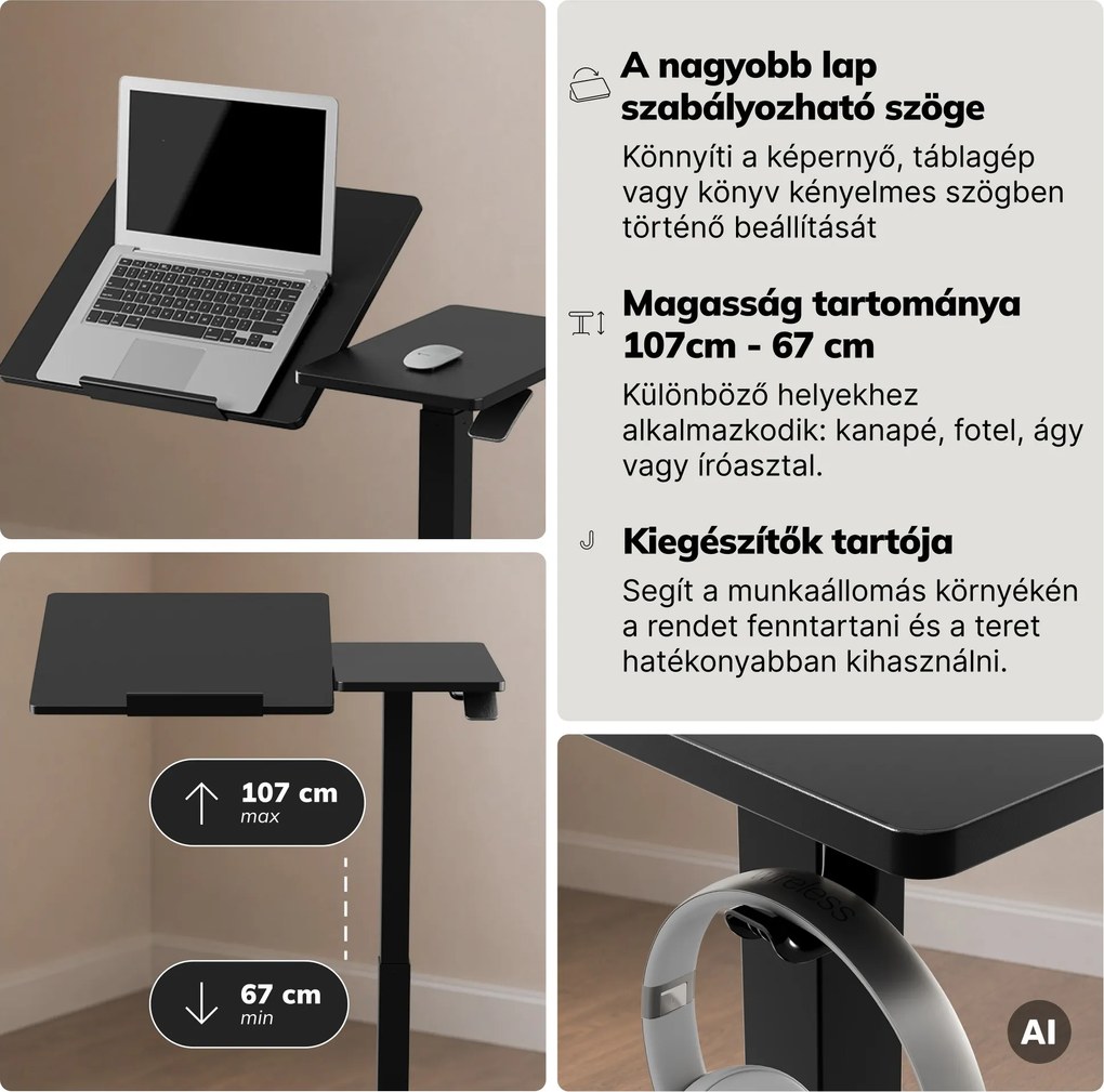 Laptopasztal állítható, mobil, multifunkciós, fekete: BILL