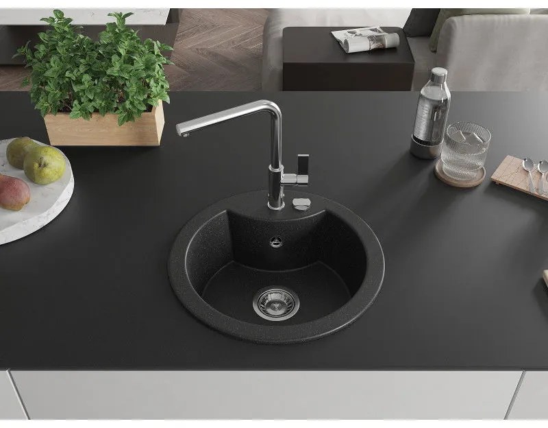Mexen Diego, 1 kamrás gránit mosogató 488x488x167 mm és Flora mosogató csaptelep, fekete-ezüst metál, 6512-73-670401-00