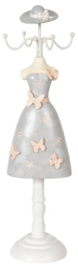 CLEEF.64464 Ékszertartó baba szürke ruhás, rózsaszín pillangókkal, 9x8x34cm, műanyag