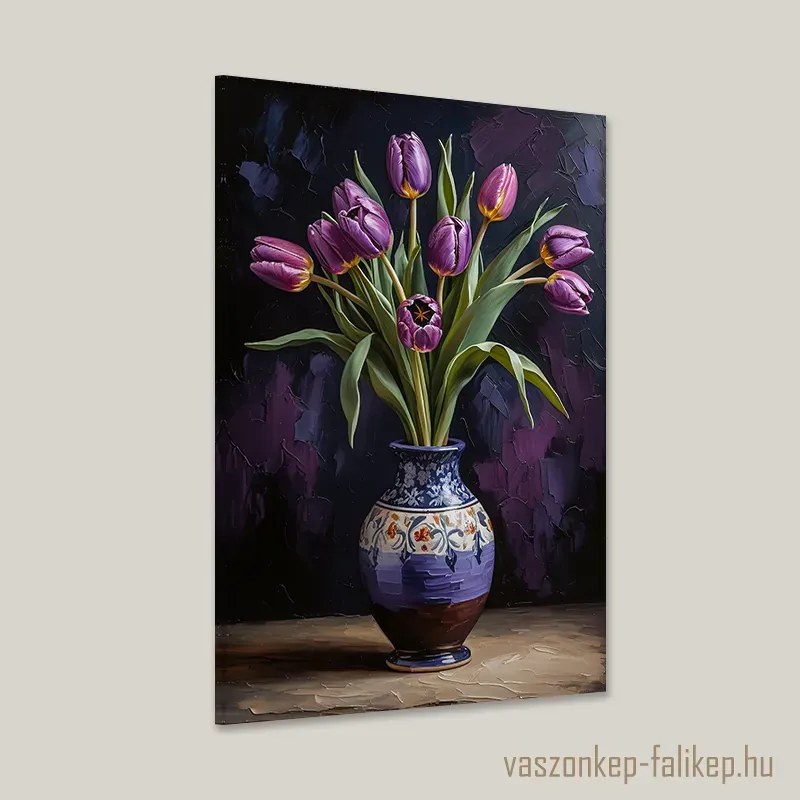 Lila tulipáncsokor díszes vázában – elegáns falikép 40x60cm