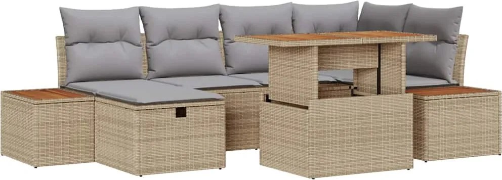 vidaXL Kerti Kanapé Szett párnával tárolóval 7 pcs Bézs polirattan