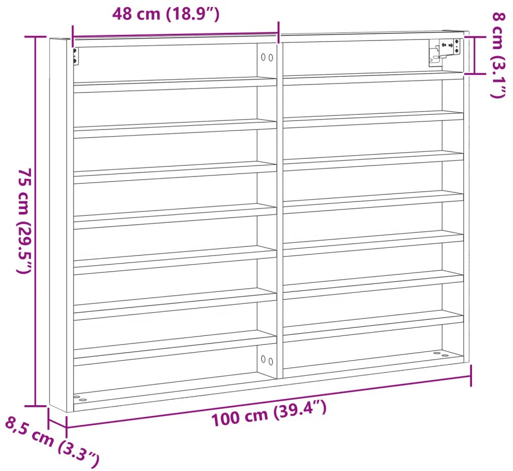 Vitrine Szekrény Fekete Tölgy 100x8,5x75 cm Műszaki Fa