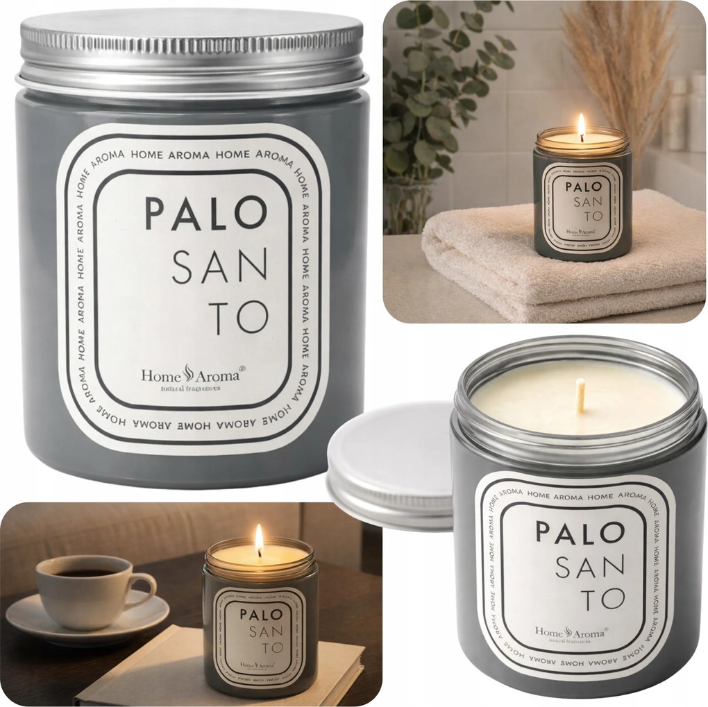 Palo Santo illatgyertya 200g Home Aroma üvegben, dekoratív fedéllel
