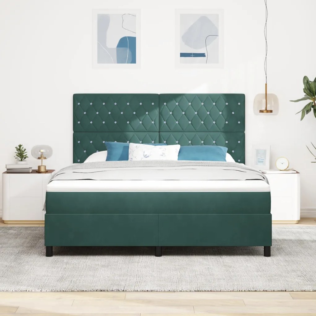 Boxspring Ágy Mattal Sötét Zöld Szuper Király Bársony