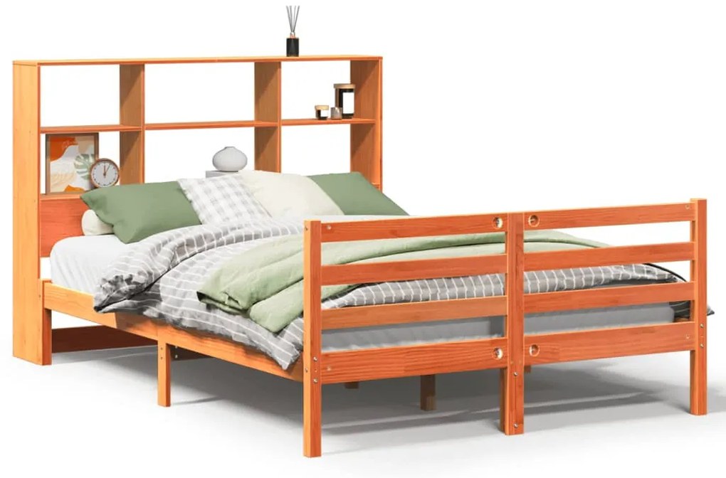 viaszbarna tömör fa könyvespolcos ágy matrac nélkül 160 x 200cm