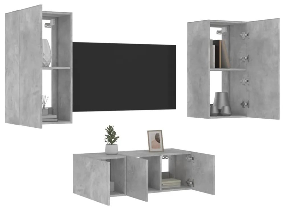 vidaXL 4 darab betonszürke szerelt fa fali TV-bútor LED-del