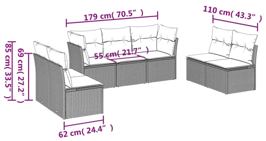 7 részes világosszürke polyrattan kerti ülőgarnitúra párnákkal