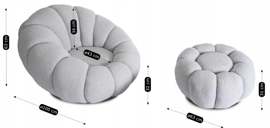 Designer Fotel Lábtartóval Szürke Bouclé Szövettel. PETTIT