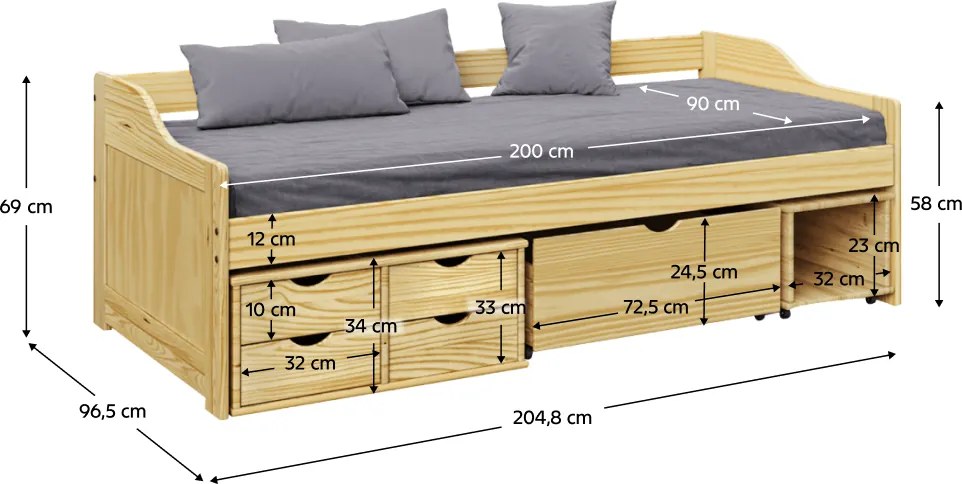 Ágy tárolóhellyel, természetes, tömörfa, 90x200, MAXI NEW