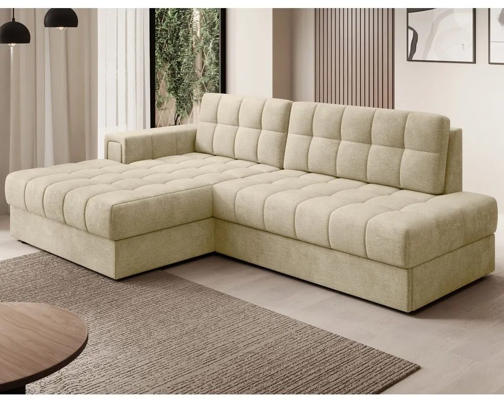 Világosbarna bársony kinyitható sarokkanapé (bal oldali-heverő résszel) Blezalt – ELTAP