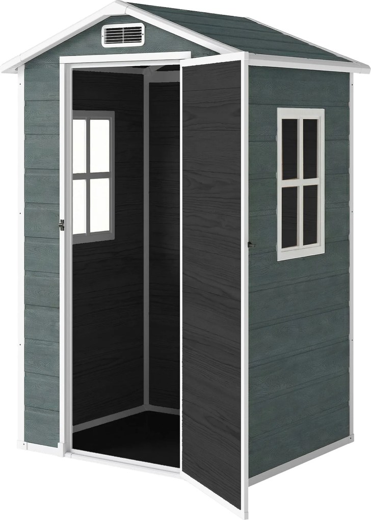 Outsunny fahatású műanyag kerti tároló padlóval és ablakkal, 128 x 104 x 196 cm — antikolt szürke | Aosom