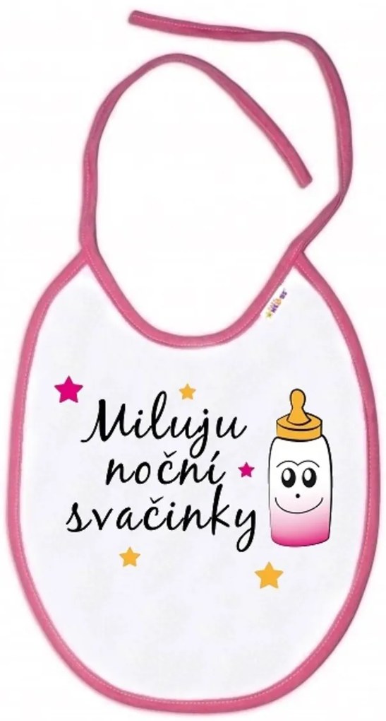Baby Nellys Vízálló előke I love night snack, 24 x 27 cm - fehér, rózsaszín szegéllyel