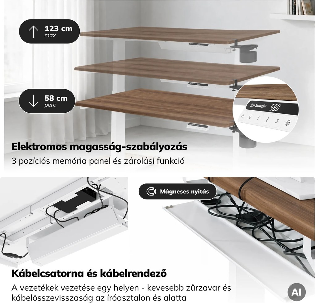 Elektromos, állítható magasságú, ergonomikus, fehér/dió íróasztal,1200x600 mm: ARIA